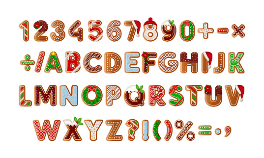 gingerbread alphabet and numbers. set of isolated gingerbread cookies. christmas sweets vector