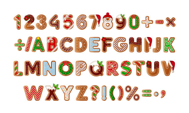 gingerbread alphabet and numbers. set of isolated gingerbread cookies. christmas sweets. gingerbread alphabet and numbers. set of isolated gingerbread cookies. christmas sweets vector holiday cookies stock illustrations