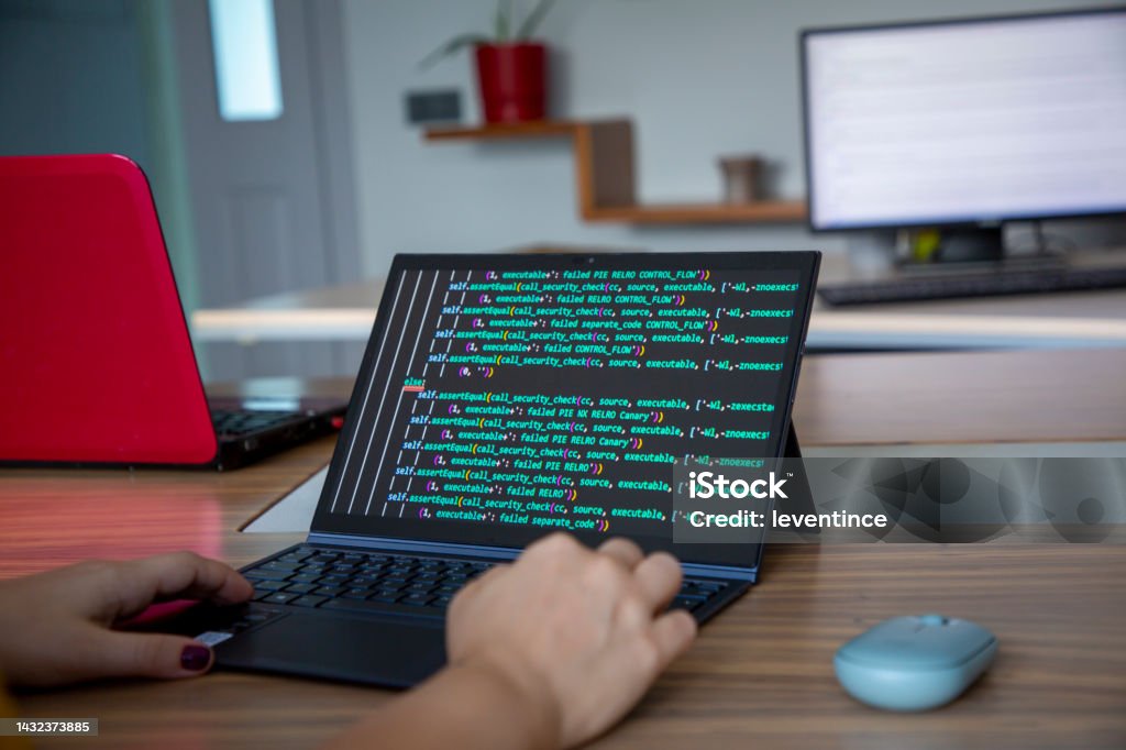Female Programmer Coding On A Desktop Computer And Laptop Stock Photo ...