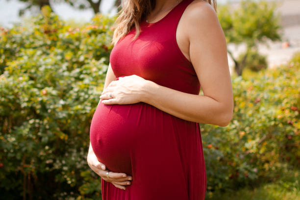 healthy pregnancy. a side view of a pregnant woman with big belly in third trimester. - abdomen gynecological examination women loving imagens e fotografias de stock