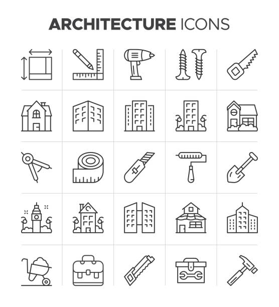 ilustrações, clipart, desenhos animados e ícones de conjunto de ícones de arquitetura. ícones relacionados à construção de estilo de contorno. reparo de casas, projeto de construção, vetor de materiais de construção - architect computer icon architecture icon set