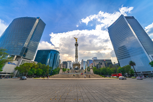 Mexico City, Mexico - September 7, 2017: Monumento a la Independencia, El Ángel (Monument to Independence, The Angel) at night, in Paseo de la Reforma.