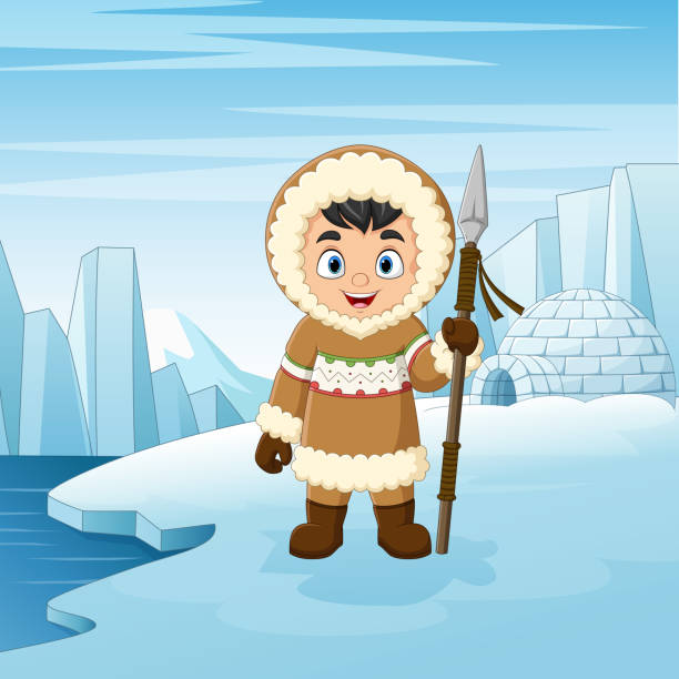 Cartoon little eskimo kid of north pole background Vector illustration of Cartoon little eskimo kid of north pole background chukchi stock illustrations