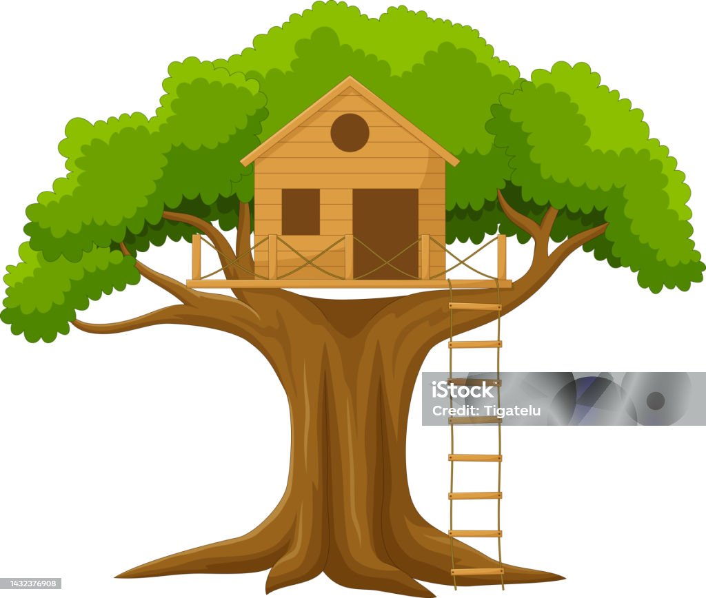 Kartun rumah pohon lucu di taman - Bebas Royalti Rumah pohon vektor stok