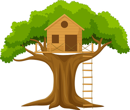 Vector illustration of Cute tree house cartoon in the garden