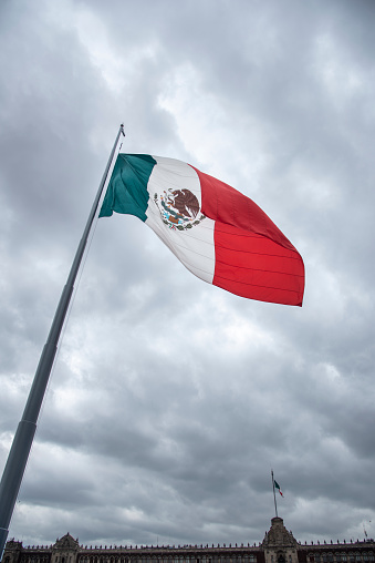 Mexican flag waving with cloudy sky  and detail of the national palace in the background in Mexico City  - Flag Waving, Mexico Flag