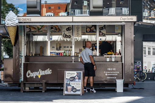 Copenhagen, Denmark Sept 14, 2022 A small snack bar on Kultorvet square serving crepes, ice cream and coffee.