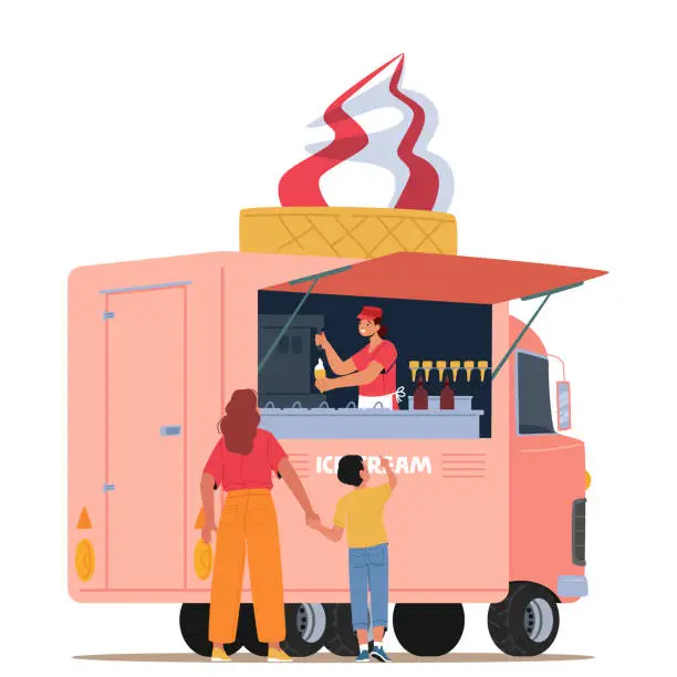 Vector illustration of Mother and Little Son Buying Ice Cream in Street Van, Moving Fast Food Truck, Woman and Boy Isolated on White Background