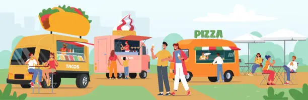 Vector illustration of Street Food Festival, Gastronomic Holiday Concept. People Buy Snacks And Drinks In Meal Trucks, Eatery Vans in Park