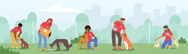 Vector illustration of Friendly Characters Feeding Dogs. Male and Female Volunteers Work in Animal Shelter or Pound, Volunteering Charity