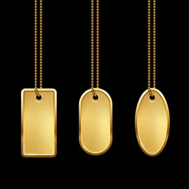 Golden badges of different shapes set, hanging on chain vector illustration. 3d metal gold medallion, rectangular award with round corners, blank oval winner trophy, luxury prize isolated on black Golden badges of different shapes set, hanging on chain vector illustration. 3d metal gold medallion, rectangular award with round corners, blank oval winner trophy, luxury prize isolated on black. locket stock illustrations