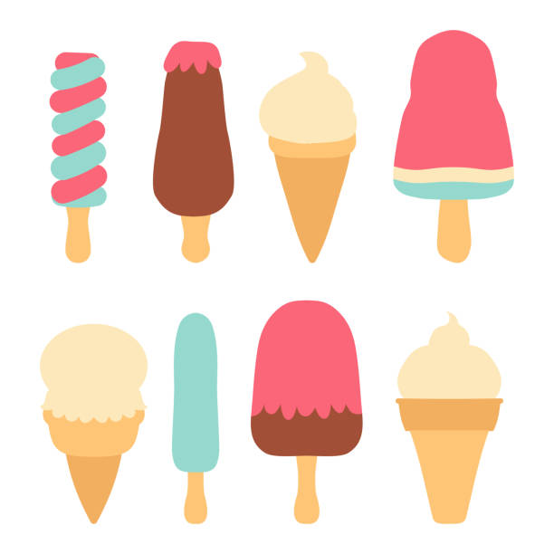 набор различных видов батончика мороженого на палочке изолированный - symmetry ice cream cone ice cream cream stock illustrations