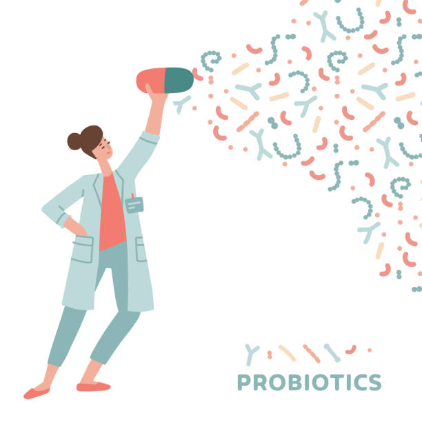 Female doctor holding probiotics capsule. Concept probiotic, dysbacteriosis, intestinal microflora, microbiome, microbiota, problems with digestion and immunity. Hand drawn flat vector illustration Female doctor holding probiotics capsule. Concept probiotic, dysbacteriosis, intestinal microflora, microbiome, microbiota, problems with digestion and immunity. Hand drawn flat vector illustration. prebiotic probiotic stock illustrations