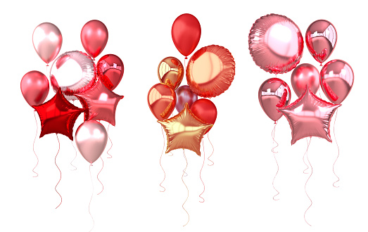 Red, pink foil balloons isolated on white background. 3d render element for birthday party, Valentine`s day, presentation. Sphere and star shape