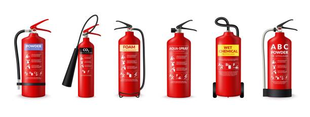 fire extinguisher type, dry fire fighting powder class, water foam. different alarm signs, wet chemical co2. red cylinders with spray hoses. vector infographic cartoon flat illustration - 滅火筒 幅插畫檔、美工圖案、卡通及圖標