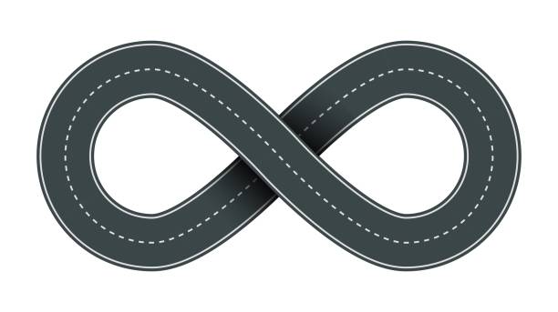 istock Vector illustration of infinity shaped road with white markings isolated on white background. Empty road infinity icon in top view. Endless road template. 1432382903