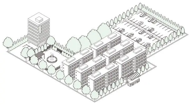 Vector illustration of Three-dimensional view of the townscape. Cityscape. Line drawing illustration.
