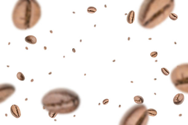 istock Coffee falling bean background. Black espresso coffee bean flying on white. Aromatic grain fall isolated. Represent breakfast for energy and freshness concept. 1432385339