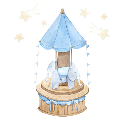 Watercolor illustration of vintage cute fairy tale children's toy carousel with elephants, clouds and stars, isolated. Can be used for postcards, pattern, posters, wallpaper, clothing, design, baby things