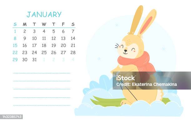 January Childrens Calendar 2023 With An Illustration Of A Cute Rabbit january-childrens-calendar-2023-with-an-illustration-of-a-cute-rabbit