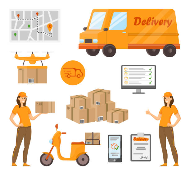 kurierin mit lieferelementen vektorillustrationen set - delivery van distribution warehouse vector shipping stock-grafiken, -clipart, -cartoons und -symbole