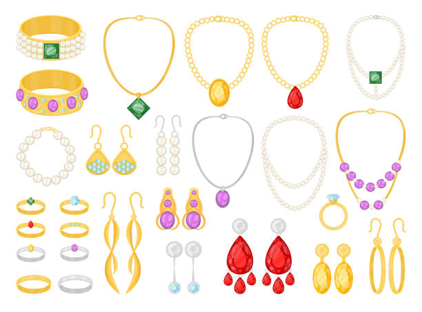 ilustrações, clipart, desenhos animados e ícones de diferentes tipos de ilustrações de vetores de joias definidas - necklace