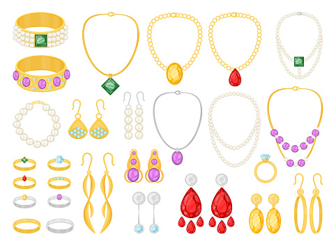 Different types of jewelry vector illustrations set. Collection of gold, silver, pearl jewellery: stone or diamond rings, earrings, pendants, bracelets for women. Accessories, wedding, fashion concept