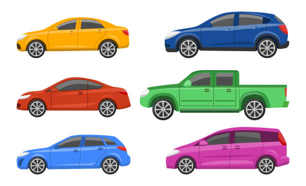Cars of different types and colors vector illustrations set Cars of different types and colors vector illustrations set. Car designs, side view of hatchback, sedan, coupe, SUV, pickup truck isolated on white background. Transport, transportation concept sedan stock illustrations
