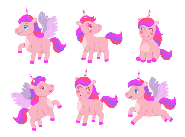 만화 귀여운 유니콘 세트 - unicorn horse magic fairy tale stock illustrations