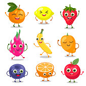 istock Cute fruit and berry cartoon characters vector illustrations set 1432388846
