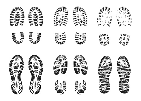 Grunge silhouette of footprint vector illustrations set. Imprint of boots and sneakers, shoe stamps, human trace outline, tread of footsteps isolated on white background. Footwear, texture concept