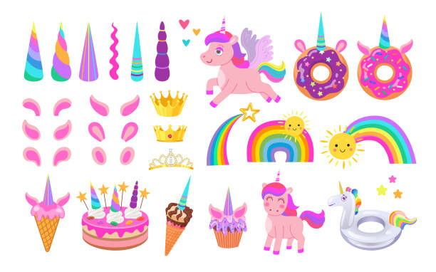 Cute trendy unicorn cartoon character vector illustrations set Cute trendy unicorn cartoon character vector illustrations set. Collection of horns, ears, crowns, rainbows, pink magical horse with hair on white background. Birthday, magic, imagination concept Unicorn stock illustrations