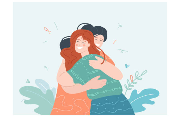 Two female best friends hugging together vector art illustration