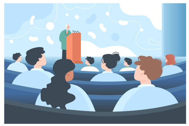 Doctor giving speech or making announcement to audience Doctor giving speech or making announcement to audience. Medical specialists on conference or seminar in auditorium flat vector illustration. Healthcare, medicine concept for banner, landing web page presentation speech backgrounds stock illustrations