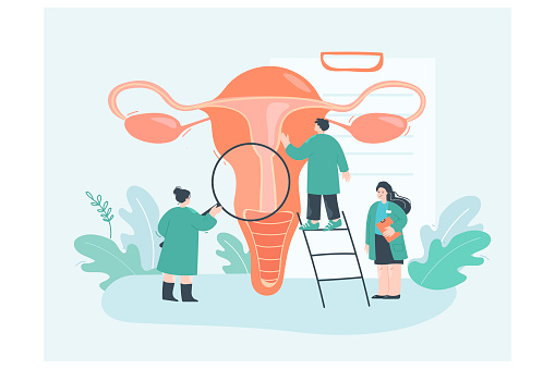 Vaginal examination of uterus by tiny gynecologists. People with magnifier in search of endometrium problems flat vector illustration. Reproductive system, endometriosis awareness month concept