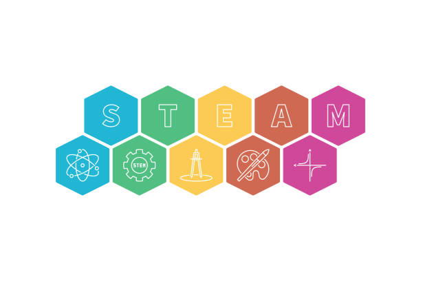 Science, Technology, Engineering, Art and Math banner Science, Technology, Engineering, Art and Mathematics banner. STEAM vector colored illustration on white background stem research stock illustrations