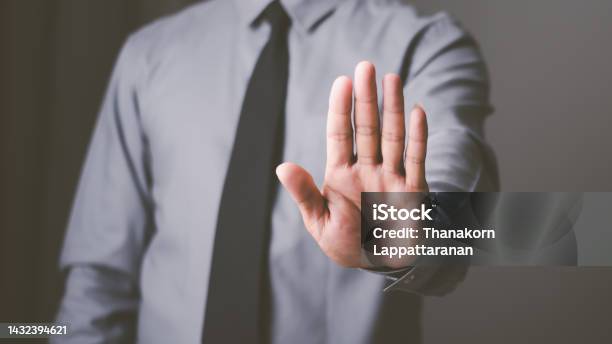Man Hand Stop Sign Warning Concept Refusal Caution Symbolic Communication Preventing Subsequent Problems Stock Photo - Download Image Now
