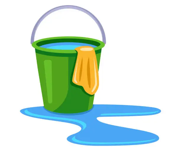 Vector illustration of bucket of water to wash the floor. wipe off the water with a rag. flat vector illustration.
