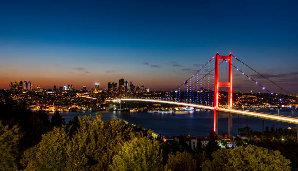 istock ISTANBUL, TURKEY. Panoramic view of Istanbul Bosphorus on sunset. Istanbul Bosphorus Bridge (15 July Martyrs Bridge. Turkish: 15 Temmuz Sehitler Koprusu). Beautiful cloudy blue sky. 1432395530
