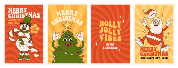 ilustrações de stock, clip art, desenhos animados e ícones de merry christmas and happy new year. santa claus, christmas tree, snowman, holly jolly vibes. - humor