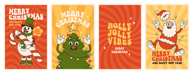 Merry Christmas and Happy New year. Santa Claus, Christmas tree, snowman, holly jolly vibes in trendy retro cartoon style. Greeting cards, template, posters, prints and backgrounds.