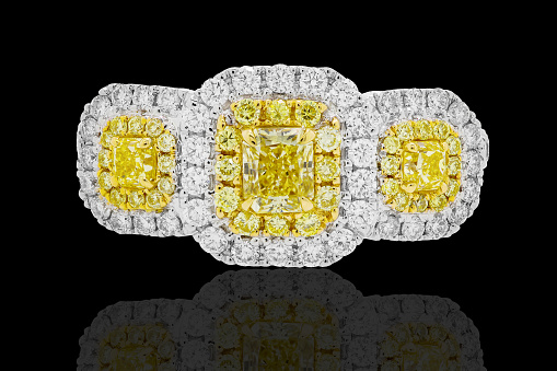 yellow sapphire ring with diamonds and gemstones, jewelry in white gold with gems