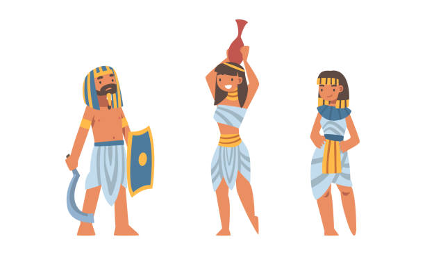 ilustraciones, imágenes clip art, dibujos animados e iconos de stock de antiguos egipcios con ropa auténtica conjunto de ilustración vectorial - traje de reina egipcia