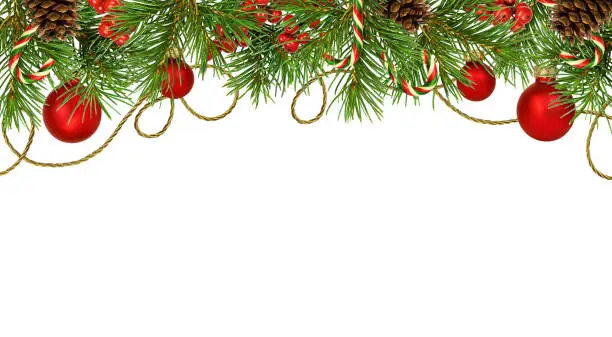 Christmas decorative top border with pine tree, red balls and berries, cones, candies and golden rope isolated on white background