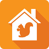 Vector illustration of a house with squirrel icon against an orange background in flat style.
