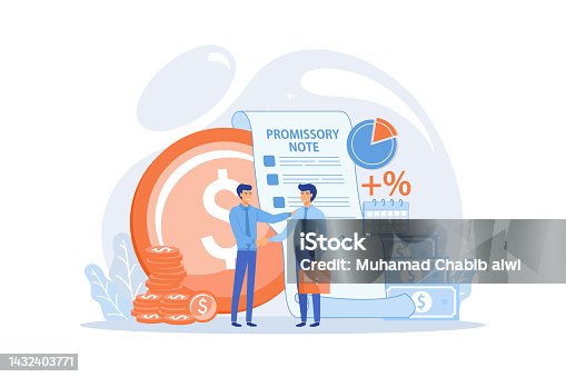 istock Promise to pay. Money borrowing document. Credit deal, legal contract. Promissory note, commercial paper form, simple loan agreement concept. flat vector modern illustration 1432403771