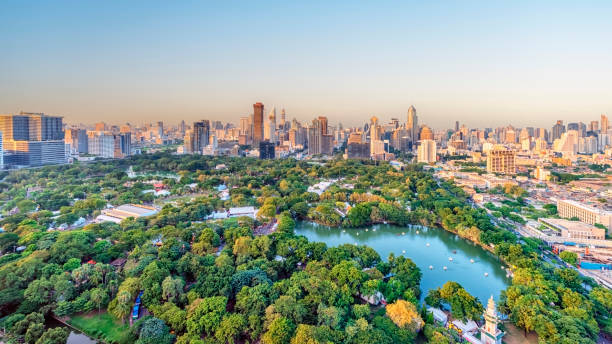 Buildings in Bangkok Bangkok city aerial view at sunset, Thailand silom stock pictures, royalty-free photos & images