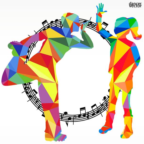istock Polygon silhouettes dancing people and melody circle, vector music battle party background. 1432406494
