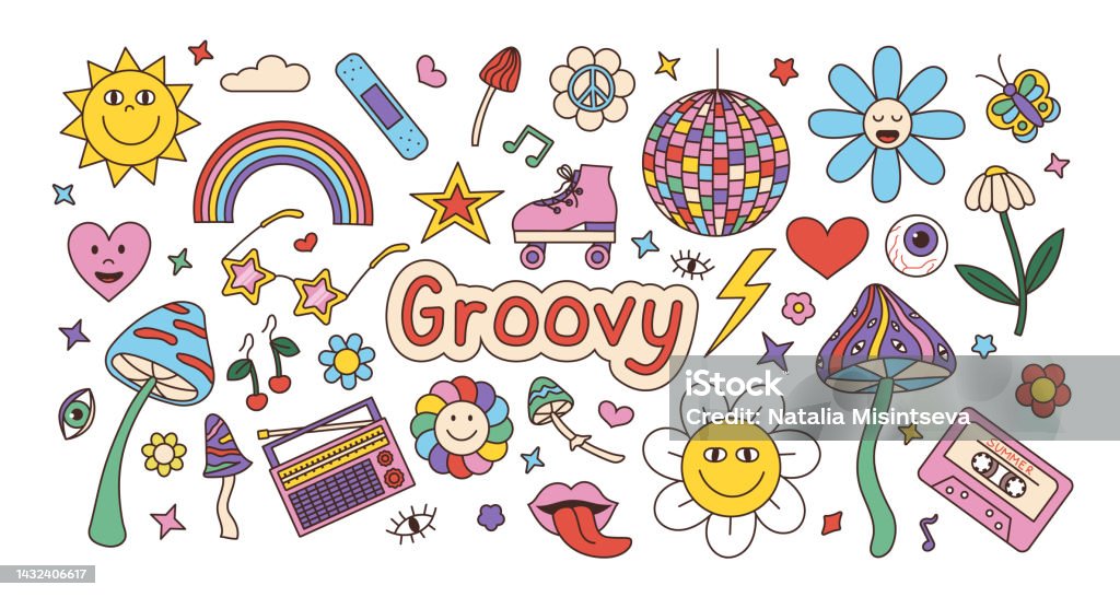 Retro Groovy Stickers 70s Disco Rainbow And Flowers Hallucinogen Mushrooms  Psychedelic Ball Love Heart Peace Symbols Lips And Eye Hippie Labels Set  Vector Cartoon Illustration Stock Illustration - Download Image Now - iStock