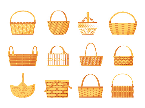 Easter basket. Empty bamboo wicker. Picnic handle hamper. Brown wooden straw container. Shopper for food storage. Isolated wickerwork bags set. Basketwork craft. Vector cartoon braided camping boxes